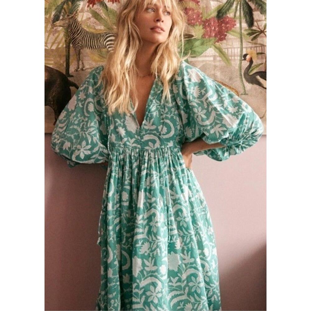 Molly Bracken Puffer Sleeve Loose Fit Printed White Floral Cotton Dress S